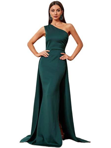 missord one shoulder split thigh floor dress 8777#, Black;gray