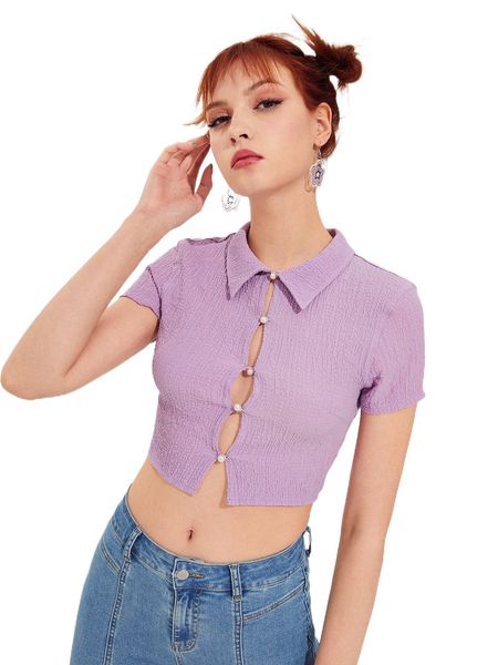 button front textured crop blouse d4oj#, White