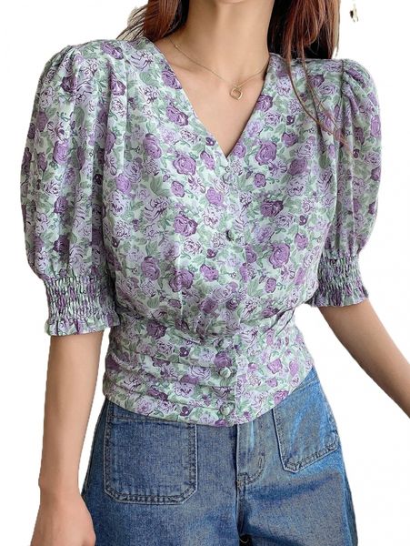 dazy allover floral print shirred cuff puff sleeve blouse 38xf#, White
dazy allover floral print shirred cuff puff sleeve blouse 38xf#, White