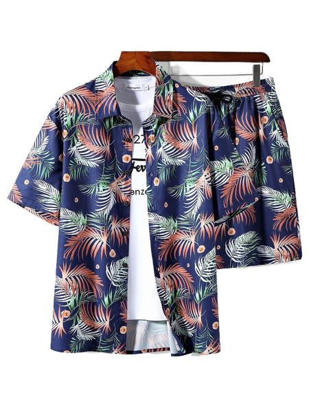 men random tropical print shirt & drawstring waist shorts without tee o1xp#, Gray 
men random tropical print shirt & drawstring waist shorts without tee o1xp#, Gray