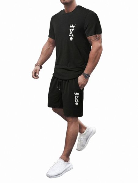 men playing card print tee & shorts w6zy#, Gray
