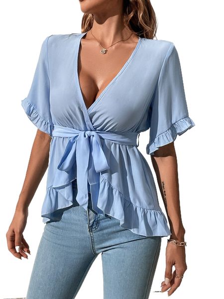 solid ruffle trim belted blouse j3kv#, White
solid ruffle trim belted blouse j3kv#, White