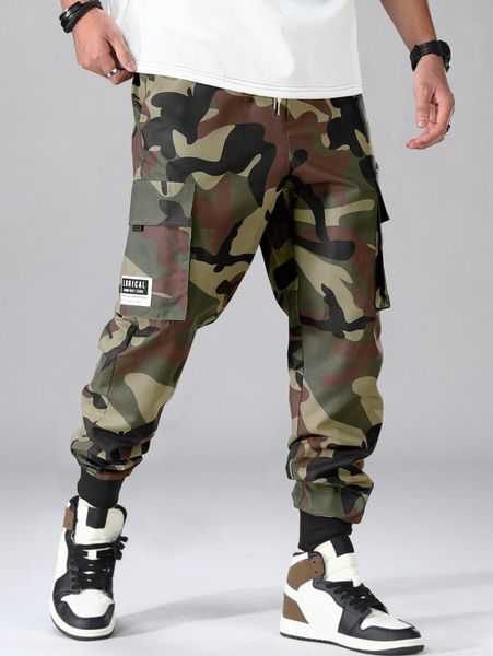 men random camo print letter patched flap pocket pants j6ut#, Black