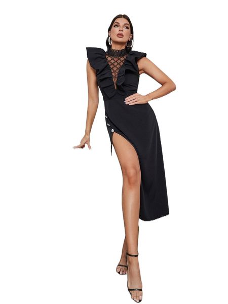 pearls beaded lace insert ruffle trim split thigh dress 88kp#, Black;gray