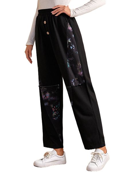 emery rose graphic print button front spliced pants a4la#, Black;white 
emery rose graphic print button front spliced pants a4la#, Black;white