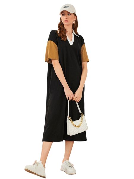 colorblock drop shoulder polo neck tee dress 45dy#, Black;gray 
colorblock drop shoulder polo neck tee dress 45dy#, Black;gray