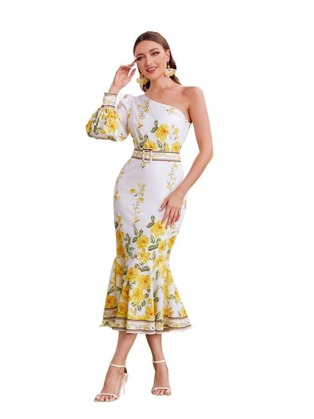 one shoulder floral print ruffle hem belted dress h8fx#, Black;gray 
one shoulder floral print ruffle hem belted dress h8fx#, Black;gray