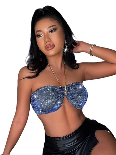 sxy glitter chain detail tie backless crop halter w9h0#, White 
sxy glitter chain detail tie backless crop halter w9h0#, White