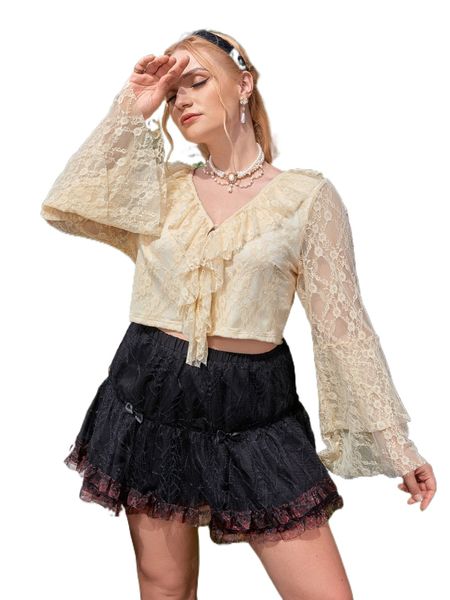 plus ruffle trim trumpet sleeve backless knot lace e9hm#, Black
plus ruffle trim trumpet sleeve backless knot lace e9hm#, Black