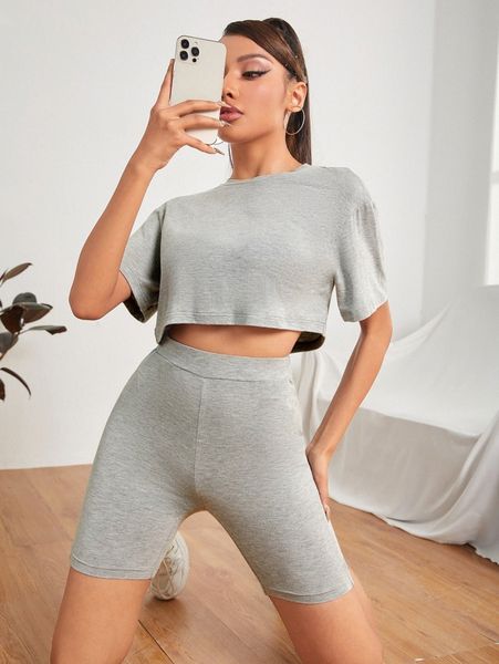 petite drop shoulder tee & biker shorts set s7db#, White 
petite drop shoulder tee & biker shorts set s7db#, White
