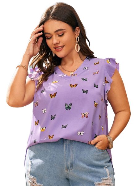 plus butterfly print ruffle trim blouse 33zv#, Black
plus butterfly print ruffle trim blouse 33zv#, Black