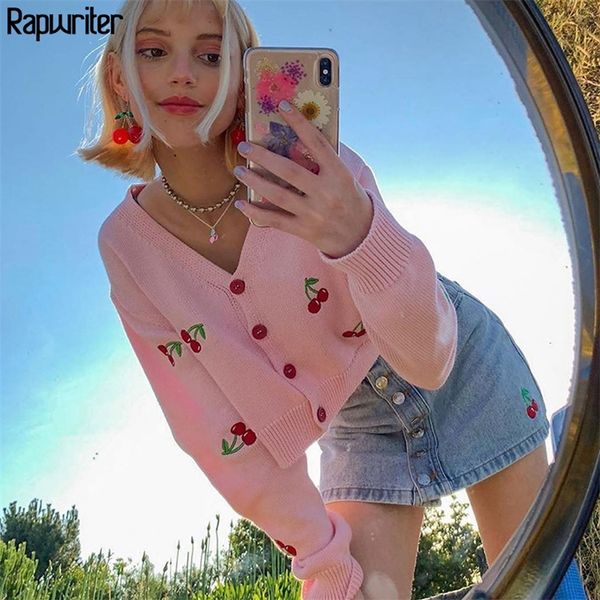 sweet embrodiery cherry harajuku pink knitted cardigan women autumn button long sleeve white cute y2k cropped winter 210204, White;black
sweet embrodiery cherry harajuku pink knitted cardigan women autumn button long sleeve white cute y2k cropped winter 210204, White;black