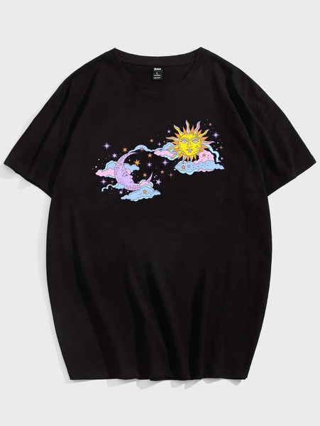 romwe guys sun & moon graphic tee p59q#, White;black