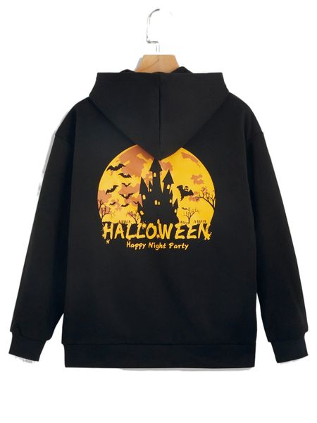 men halloween & slogan graphic hoodie g9n4#, Black 
men halloween & slogan graphic hoodie g9n4#, Black