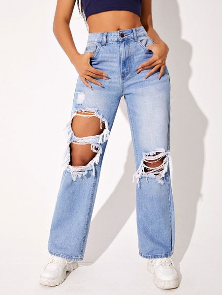 cut out ripped frayed jeans 261o#, Blue