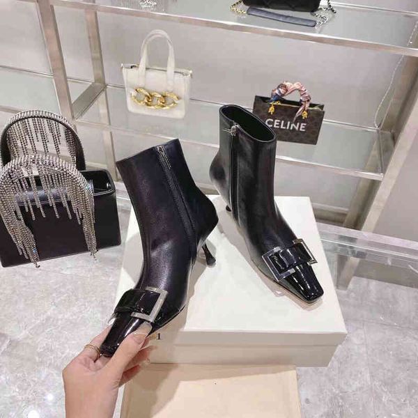 leather varnished boots women's boots high heels square head metal decoration series, Black
leather varnished boots women's boots high heels square head metal decoration series, Black