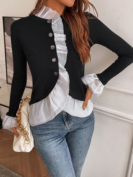 ruffle trim button up cardigan h7um#, White;black
ruffle trim button up cardigan h7um#, White;black