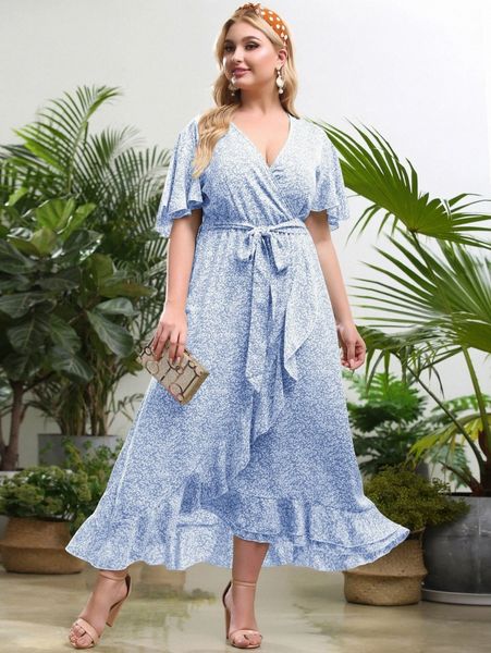 plus ditsy floral belted ruffle wrap a-line dress k43m#, Black
plus ditsy floral belted ruffle wrap a-line dress k43m#, Black
