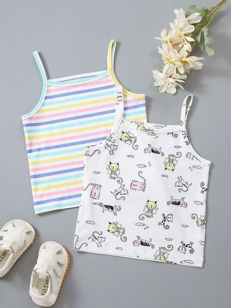 toddler girls 2pcs colorful striped & cartoon graphic cami she, Blue 
toddler girls 2pcs colorful striped & cartoon graphic cami she, Blue