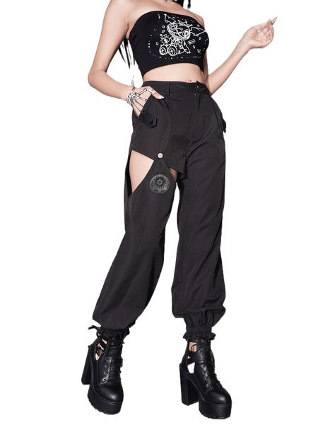 high waist cut out cargo pants v2so#, Black;white