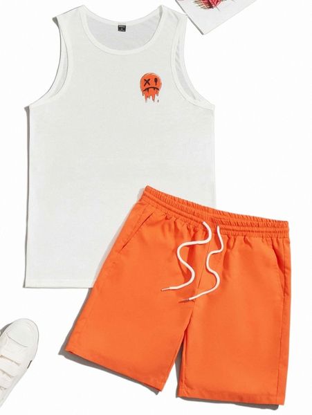 men cartoon face print tank & neon orange drawstring waist shorts o4hw#, Gray
men cartoon face print tank & neon orange drawstring waist shorts o4hw#, Gray