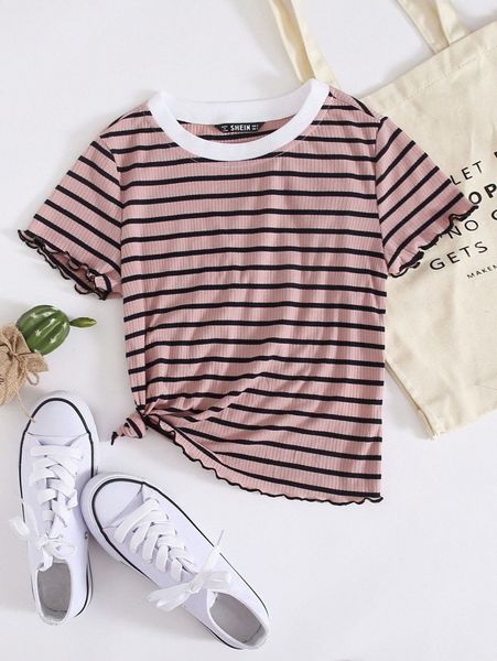 contrast neck lettuce edge striped tee j5hx#, White
contrast neck lettuce edge striped tee j5hx#, White