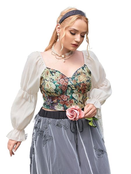 plus floral print sweetheart neck flounce sleeve shirred back crop blouse i6uj#, Black
plus floral print sweetheart neck flounce sleeve shirred back crop blouse i6uj#, Black