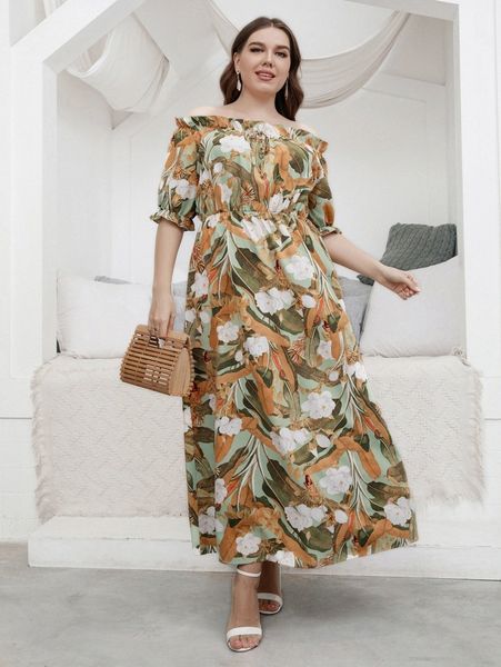 plus floral print off shoulder ruffle trim dress 044m#, Black 
plus floral print off shoulder ruffle trim dress 044m#, Black