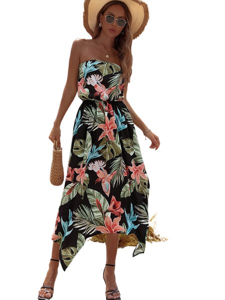 tropical print hanky hem tube dress w1wi#, Black;gray