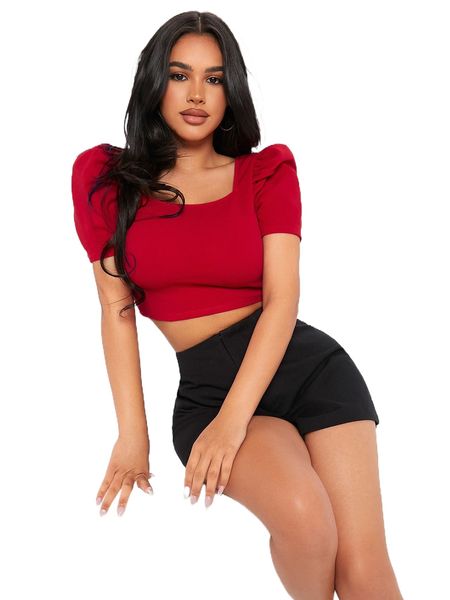 petite puff sleeve solid tee e2h2#, White