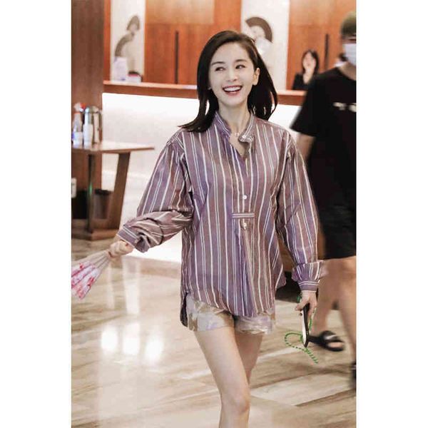 women's blouses shirts wang ziwen's same loose and versatile long sleeve stand collar striped shirt top, White
women's blouses shirts wang ziwen's same loose and versatile long sleeve stand collar striped shirt top, White