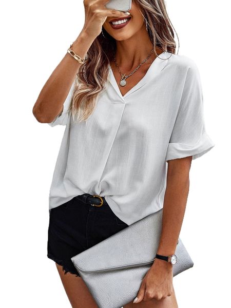 solid batwing sleeve blouse j3uf#, White