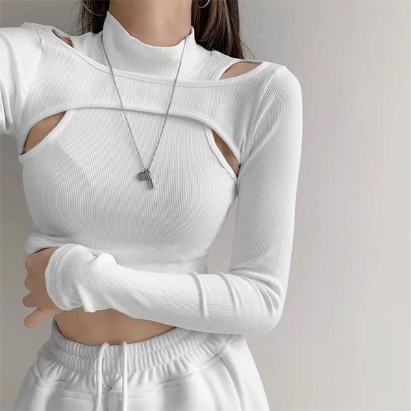 hollow knitted crop women fitness fake two piece t shirt female black white long sleeve 220407
hollow knitted crop women fitness fake two piece t shirt female black white long sleeve 220407