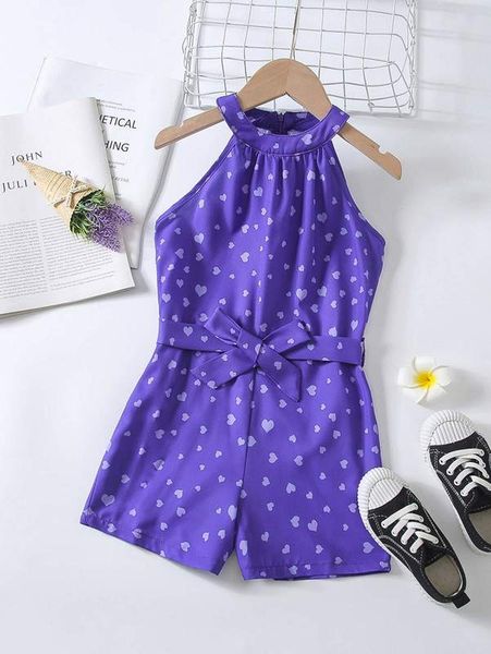 toddler girls heart print halter neck belted romper she, Blue