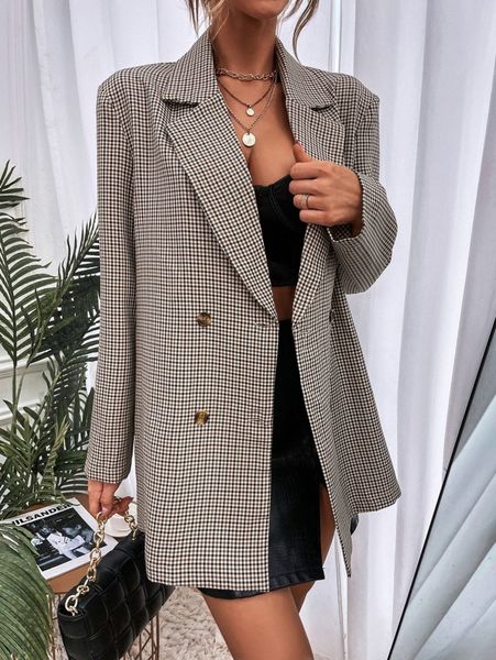 plaid double breasted lapel neck blazer 96sd#, White