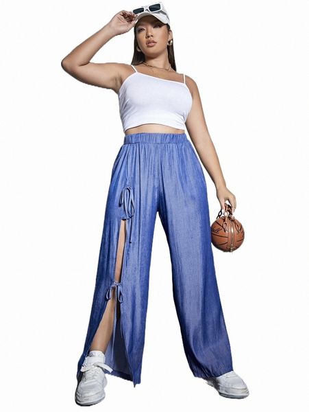 plus solid split hem knot detail pants r0hq#, Black