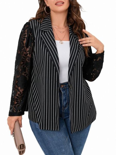 plus vertical striped contrast lace blazer p2ss#, Black 
plus vertical striped contrast lace blazer p2ss#, Black