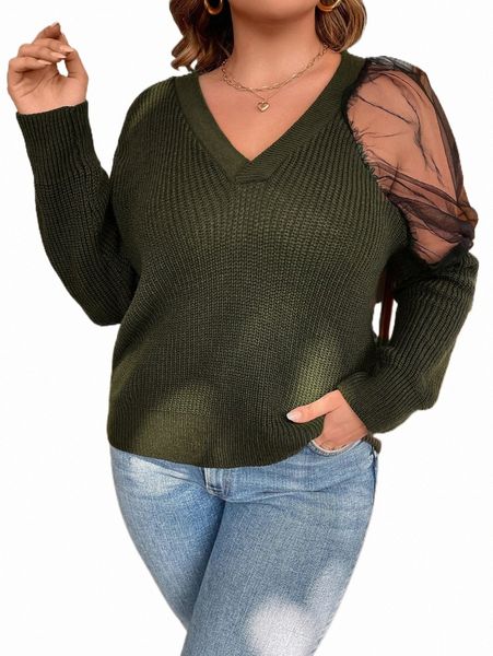 plus mesh insert v neck sweater g8eq#, Black
