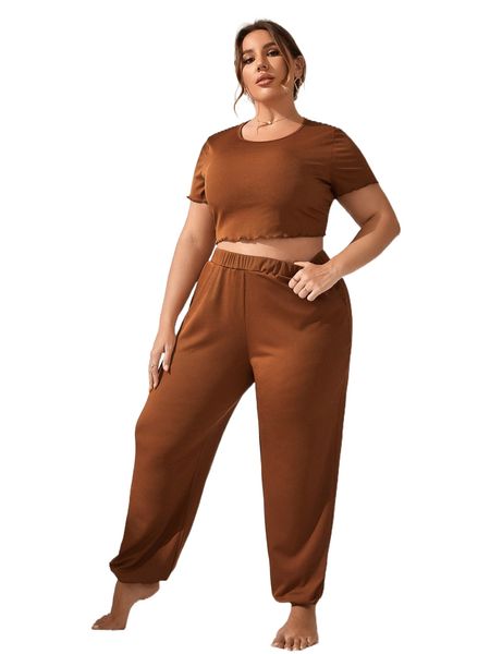 plus solid slant pocket lettuce trim pajama set h0ko#, Black;white