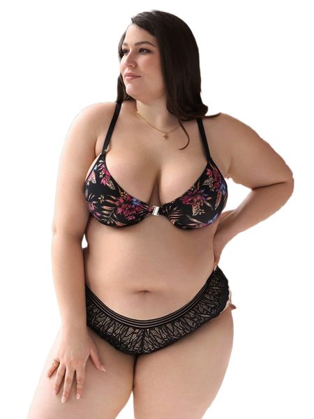 plus floral print contrast lace push up lingerie set g84t#, Black;white