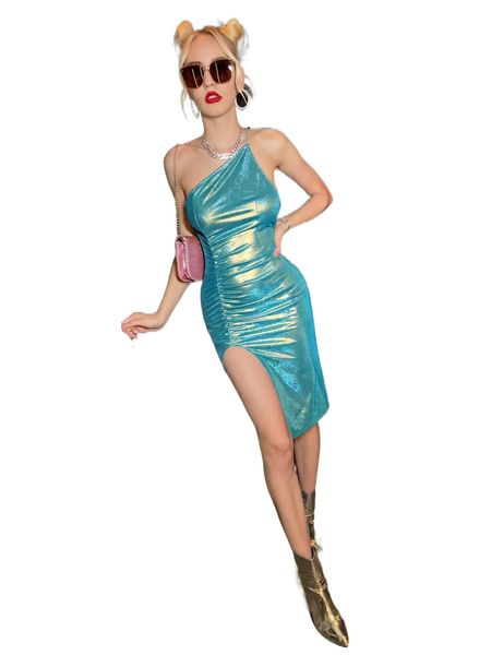 one shoulder backless slit thigh metallic dress 92ks#, Black;gray