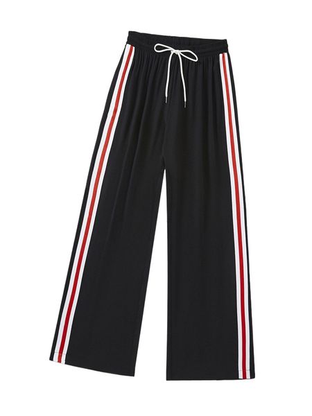 plus contrast striped tape drawstring waist pants j8bf#, Black 
plus contrast striped tape drawstring waist pants j8bf#, Black