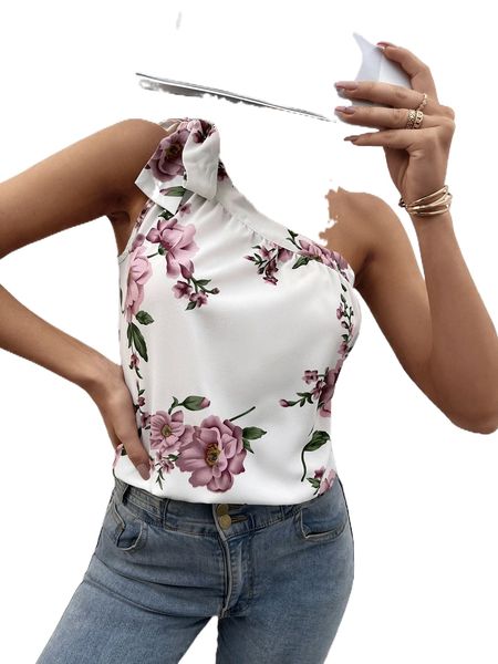 floral print knot one shoulder 56wc#, White