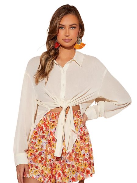split hem drop shoulder shirt i08w#, White