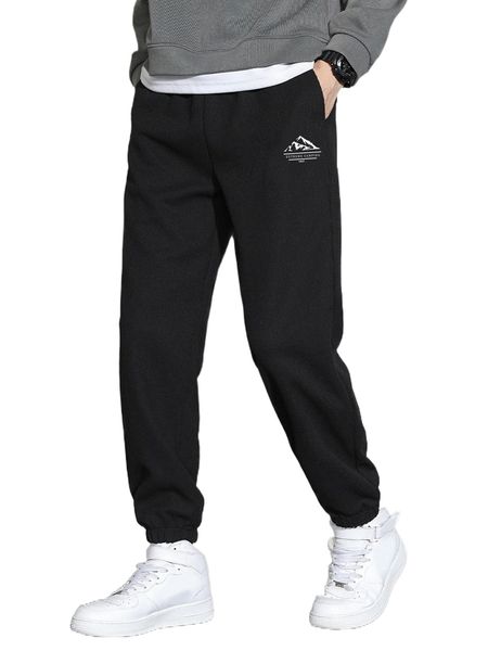 men mountain & letter graphic drawstring waist pants 94yj#, Black