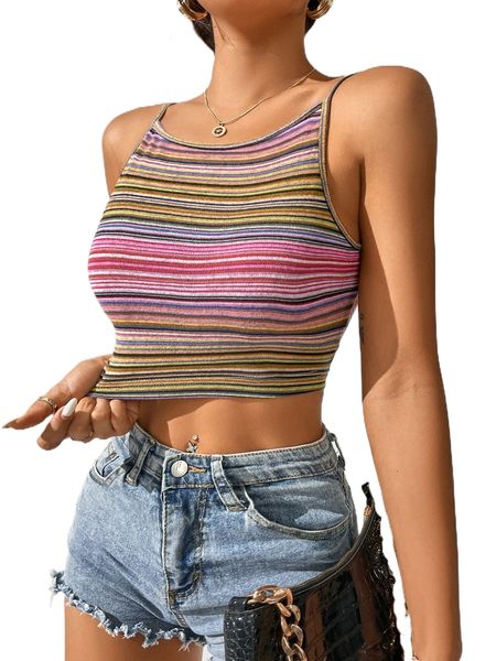 petite block striped crop cami a5nh#, White