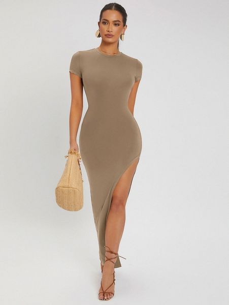 solid split thigh bodycon dress r9ct#, Black;gray 
solid split thigh bodycon dress r9ct#, Black;gray