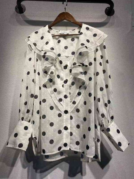 women's blouses shirts legal system ga family wave dot printing lotus leaf collar bubble sleeve georgette shirt, White
women's blouses shirts legal system ga family wave dot printing lotus leaf collar bubble sleeve georgette shirt, White