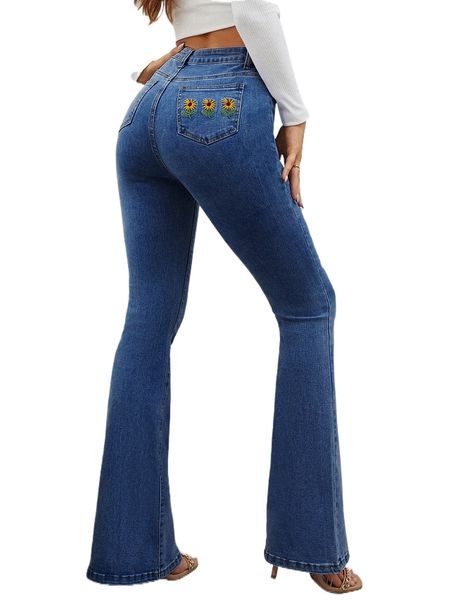 high waisted floral embroidered flare leg jeans t9rv#, Blue
high waisted floral embroidered flare leg jeans t9rv#, Blue