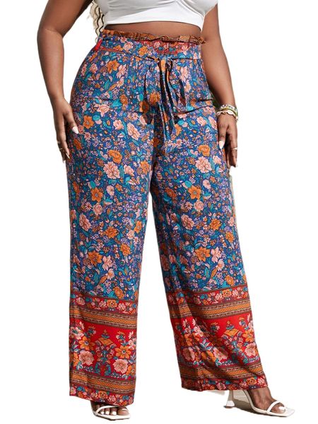 sxy plus floral print paperbag waist belted wide leg pants b6ns#, Black